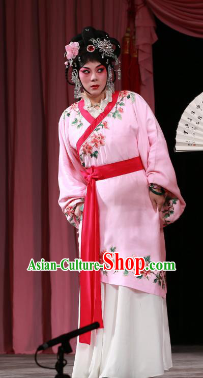 Chinese Beijing Opera Young Beauty Yan Poxi Apparels Costumes and Headdress Wu Long Yuan Traditional Peking Opera Actress Pink Dress Hua Tan Garment