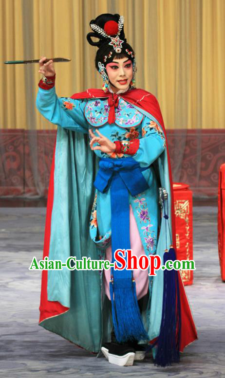 Chinese Beijing Opera Swordswoman Apparels Costumes and Headdress Kirin Pavilion Traditional Peking Opera Martial Female Blue Dress Diva Garment