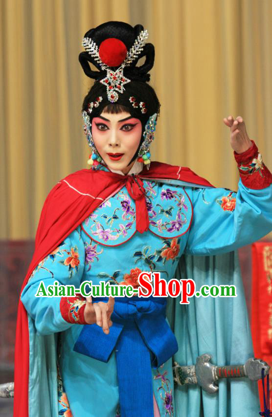 Chinese Beijing Opera Swordswoman Apparels Costumes and Headdress Kirin Pavilion Traditional Peking Opera Martial Female Blue Dress Diva Garment