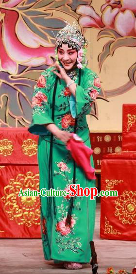 Chinese Beijing Opera Diva Green Apparels Costumes and Headdress Wu Long Yuan Traditional Peking Opera Consort Dress Young Female Yan Xijiao Garment