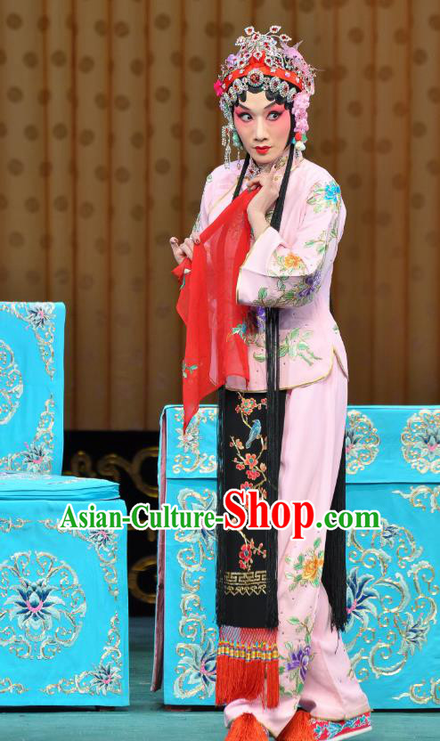 Chinese Beijing Opera Young Lady Pink Apparels Costumes and Headdress Wu Long Yuan Traditional Peking Opera Consort Yan Xijiao Dress Actress Garment