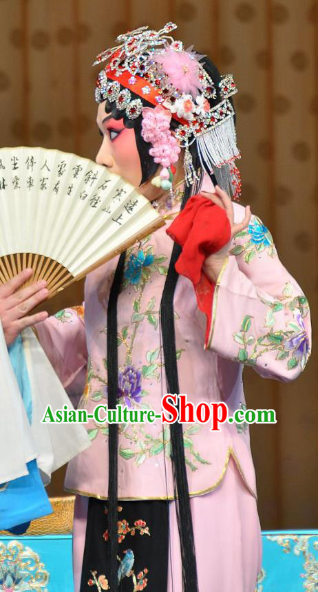 Chinese Beijing Opera Young Lady Pink Apparels Costumes and Headdress Wu Long Yuan Traditional Peking Opera Consort Yan Xijiao Dress Actress Garment