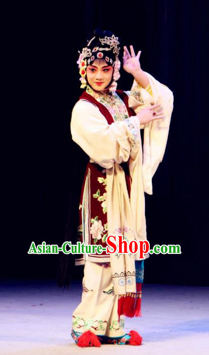 Chinese Beijing Opera Actress Yan Xijiao Apparels Costumes and Headdress Wu Long Yuan Traditional Peking Opera Consort Dress Young Lady Garment