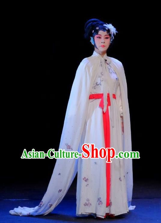 Chinese Beijing Opera Tsing Yi Yan Xijiao Apparels Young Female Costumes and Headdress Wu Long Yuan Traditional Peking Opera Actress White Dress Garment