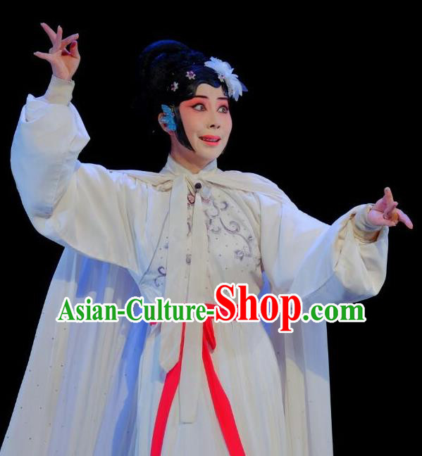 Chinese Beijing Opera Tsing Yi Yan Xijiao Apparels Young Female Costumes and Headdress Wu Long Yuan Traditional Peking Opera Actress White Dress Garment
