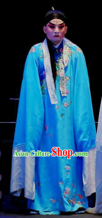 Wu Long Yuan Chinese Peking Opera Young Male Garment Costumes and Headwear Beijing Opera Scholar Zhang Wenyuan Apparels Niche Blue Clothing
