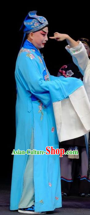 Wu Long Yuan Chinese Peking Opera Young Male Garment Costumes and Headwear Beijing Opera Scholar Zhang Wenyuan Apparels Niche Blue Clothing