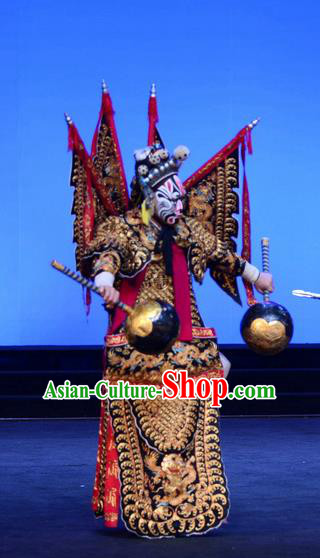 Ba Da Chui Chinese Peking Opera General Armor Garment Costumes and Headwear Beijing Opera Martial Male Apparels Takefu Yan Chengfang Kao with Flags Clothing