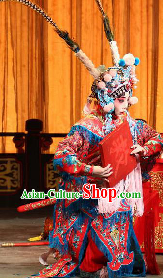 Chinese Beijing Opera Female Swordsman Jiang Huyou Apparels Costumes and Headdress Bai Hua Zeng Jian Traditional Peking Opera Xiaodan Dress Servant Girl Garment