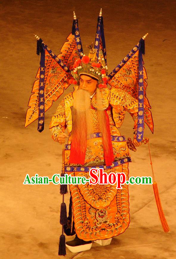 Imperial Concubine Mei Chinese Peking Opera General Guo Ziyi Armor Suit Garment Costumes and Headwear Beijing Opera Apparels Elderly Male Kao Suit Clothing with Flags