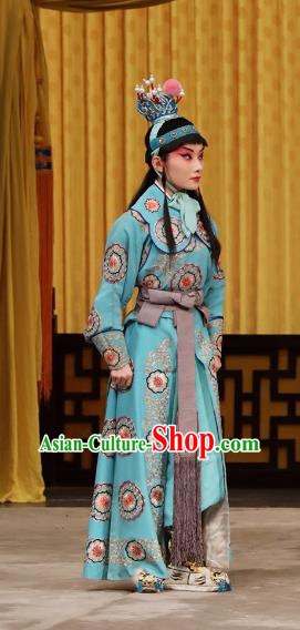 Tun Wu Hen Chinese Peking Opera Wusheng Young Male Garment Costumes and Headwear Beijing Opera Martial Man Apparels Takefu Blue Clothing
