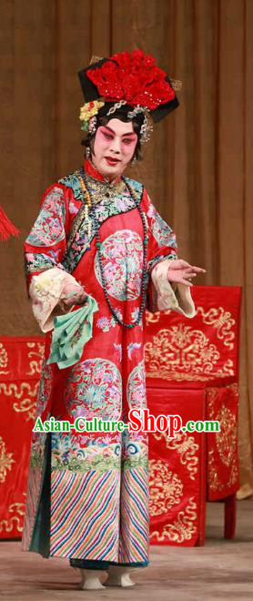 Chinese Beijing Opera Young Female Apparels Qing Dynasty Costumes and Headdress Mei Yu Pei Traditional Peking Opera Diva Red Dress Actress Han Cuizhu Garment