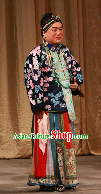 Chinese Beijing Opera Laodan Apparels Qing Dynasty Dame Costumes and Headdress Mei Yu Pei Traditional Peking Opera Elderly Female Dress Garment