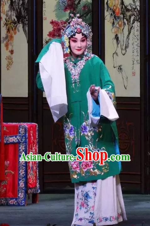 Chinese Beijing Opera Diva Wang Zhaojun Young Female Apparels Costumes and Headdress Han Ming Fei Traditional Peking Opera Hua Tan Green Dress Actress Garment