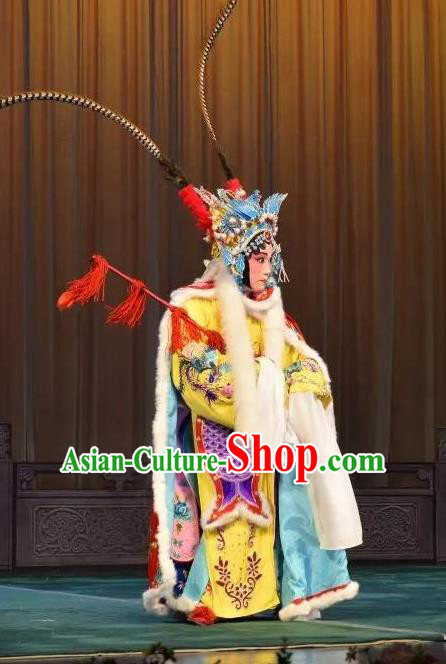 Chinese Beijing Opera Female Swordsman Apparels Costumes and Headdress Han Ming Fei Traditional Peking Opera Blues Dress Diva Wang Zhaojun Garment