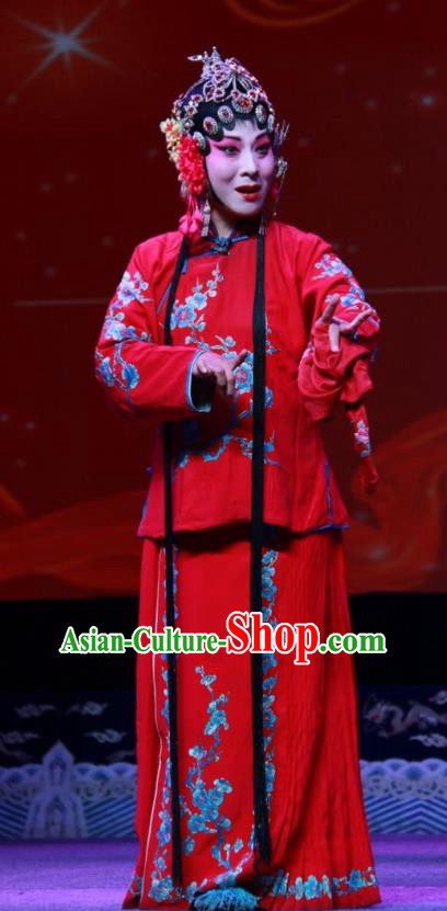 Chinese Shanxi Clapper Opera Young Beauty Garment Costumes and Headdress Qiu Sao Traditional Bangzi Opera Hua Tan Red Dress Actress Apparels