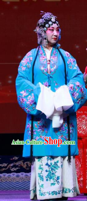 Chinese Shanxi Clapper Opera Hua Tan Blue Garment Costumes and Headdress Qiu Sao Traditional Bangzi Opera Actress Dress Young Mistress Apparels