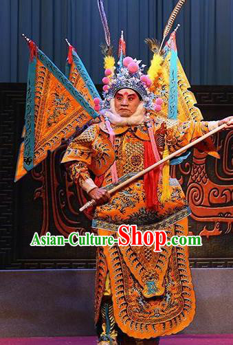 Chinese Bangzi Opera General Kao Apparels Costumes and Headpieces Traditional Shanxi Clapper Opera Military Officer Garment Armor Clothing with Flags