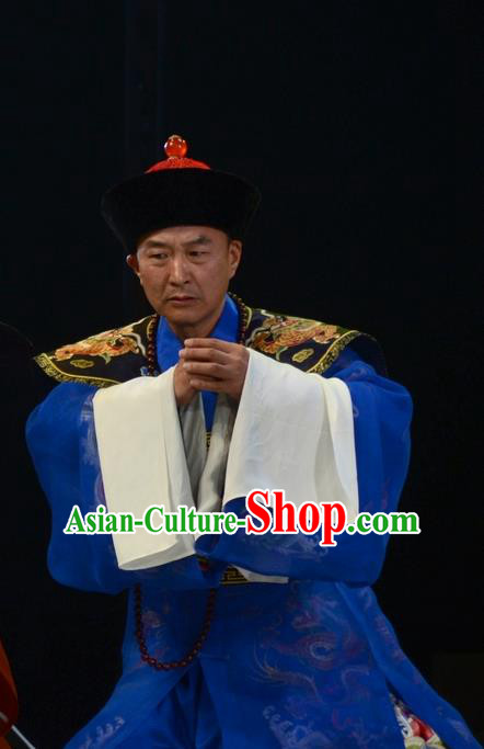 Sixth Panchen Chinese Bangzi Opera Qing Dynasty Official Apparels Costumes and Headpieces Traditional Hebei Clapper Opera Minister Garment Blue Clothing