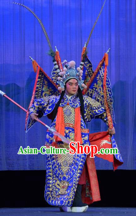 Li Hua Return Tang Chinese Shanxi Opera General Xue Dingshan Apparels Costumes and Headpieces Traditional Jin Opera Kao Garment Blue Armor Clothing with Flags