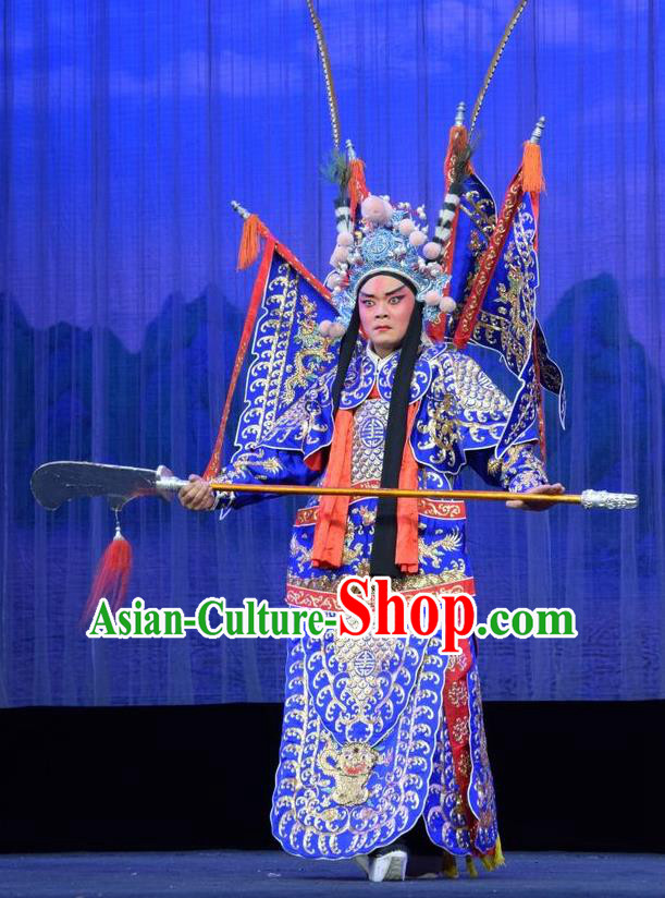 Li Hua Return Tang Chinese Shanxi Opera General Xue Dingshan Apparels Costumes and Headpieces Traditional Jin Opera Kao Garment Blue Armor Clothing with Flags