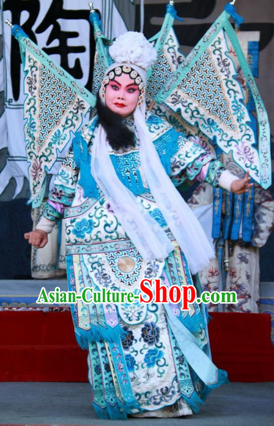 Chinese Shanxi Clapper Opera Martial Female Tao Sanchun Garment Costumes and Headdress Zui Chen Qiao Traditional Bangzi Opera Tao Ma Tan Dress Apparels with Flags