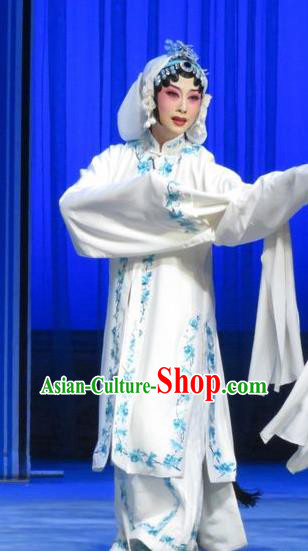 Chinese Hebei Clapper Opera Distress Maiden Yu Suqiu Garment Costumes and Headdress The Story of Jade Bracelet Traditional Bangzi Opera Actress White Dress Tsing Yi Apparels