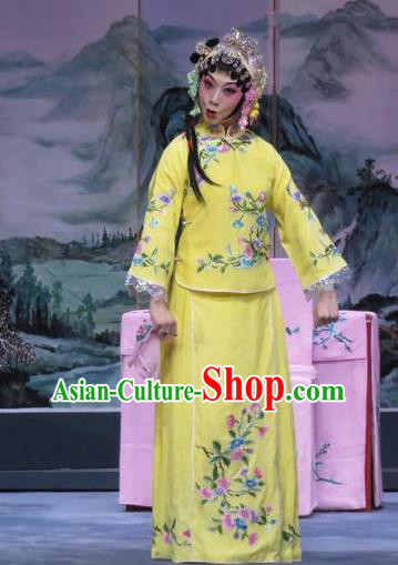 Chinese Hebei Clapper Opera Young Female Garment Costumes and Headdress The Story of Jade Bracelet Traditional Bangzi Opera Actress Yellow Dress Diva Yu Suqiu Apparels
