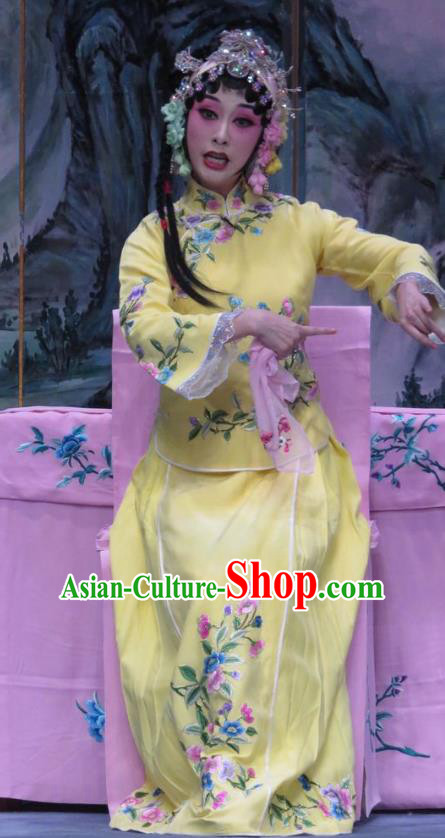 Chinese Hebei Clapper Opera Young Female Garment Costumes and Headdress The Story of Jade Bracelet Traditional Bangzi Opera Actress Yellow Dress Diva Yu Suqiu Apparels