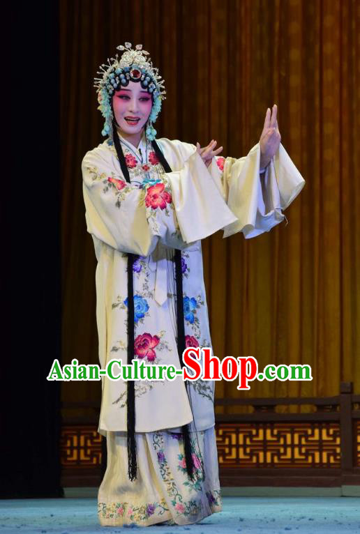 Chinese Jin Opera Hua Tan Bai Suzhen Garment Costumes and Headdress Madam White Snake Traditional Shanxi Opera Young Female White Dress Actress Apparels