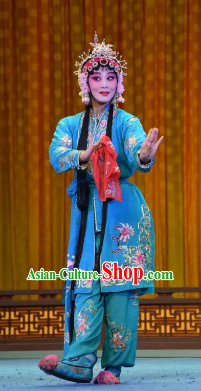 Chinese Jin Opera Xiaodan Garment Costumes and Headdress Madam White Snake Traditional Shanxi Opera Young Lady Blue Dress Maidservant Xiao Qing Apparels