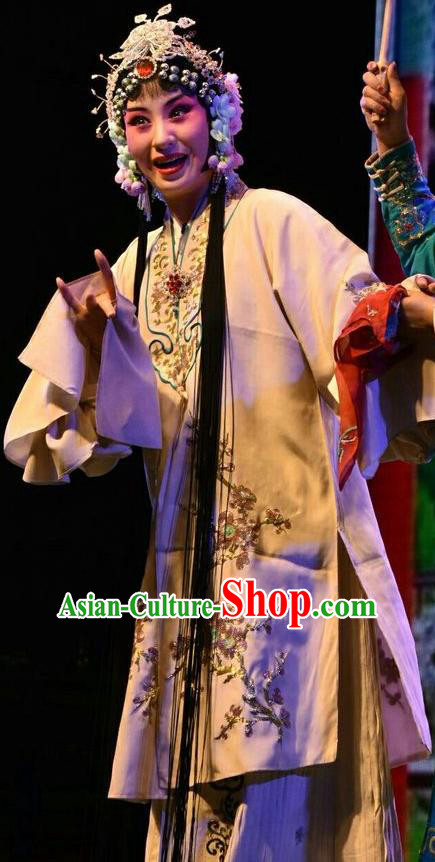 Chinese Jin Opera Young Woman Garment Costumes and Headdress Madam White Snake Traditional Shanxi Opera Actress Dress Mistress Bai Suzhen Apparels