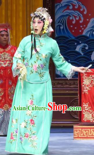 Chinese Hebei Clapper Opera Hua Tan Han Yujie Garment Costumes and Headdress The Story of Jade Bracelet Traditional Bangzi Opera Actress Green Dress Diva Apparels