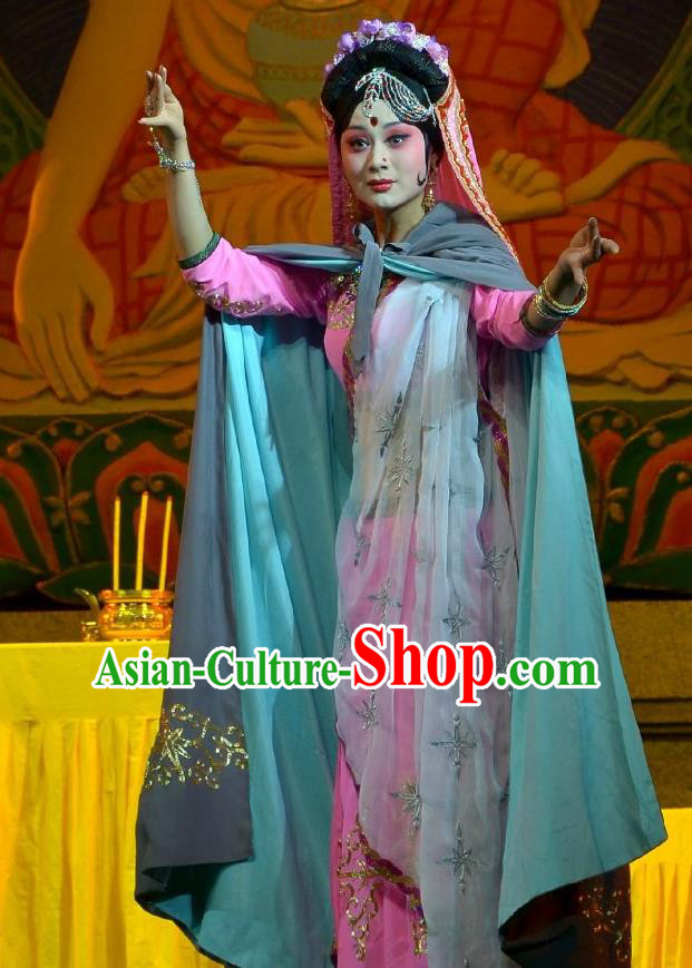 Chinese Hebei Clapper Opera Princess Garment Costumes and Headdress The Legend of Tenjiku Traditional Bangzi Opera Hua Tan Dress Noble Female Apparels