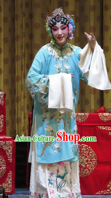 Chinese Hebei Clapper Opera Young Beauty Garment Costumes and Headdress Jin Yunu Traditional Bangzi Opera Hua Tan Blue Dress Diva Apparels