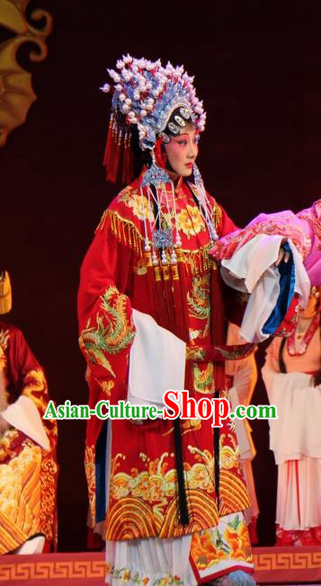 Chinese Jin Opera Bride Wedding Garment Costumes and Headdress Da Jin Zhi Traditional Shanxi Opera Hua Tan Red Dress Princess Shengping Apparels
