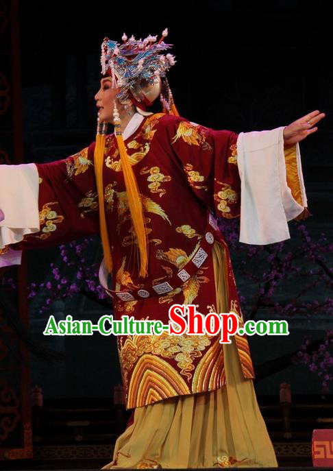Chinese Jin Opera Empress Shen Garment Costumes and Headdress Da Jin Zhi Traditional Shanxi Opera Court Queen Dress Pantaloon Apparels