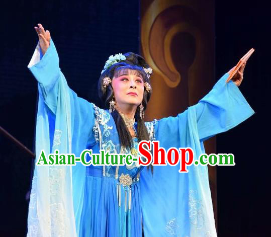 Chinese Jin Opera Young Beauty Garment Costumes and Headdress Madam Ruyi Traditional Shanxi Opera Hua Tan Blue Dress Actress Wu Meiniang Apparels