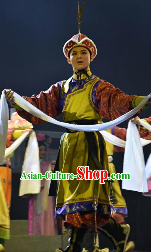 Xiaozhuang Changge Chinese Shanxi Opera Ethnic Male Apparels Costumes and Headpieces Traditional Jin Opera Mongolian Young Man Garment Xiaosheng Clothing