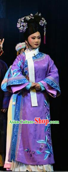 Chinese Jin Opera Court Maid Garment Costumes and Headdress Xiaozhuang Changge Traditional Shanxi Opera Qing Dynasty Palace Lady Purple Dress Apparels