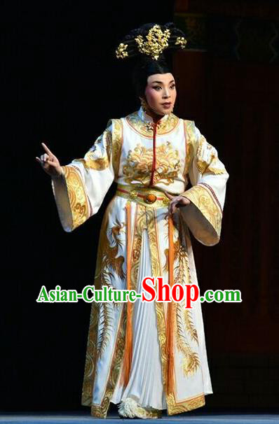 Chinese Jin Opera Court Woman Garment Costumes and Headdress Xiaozhuang Changge Traditional Shanxi Opera Qing Dynasty Queen Mother Dress Empress Dowager Apparels