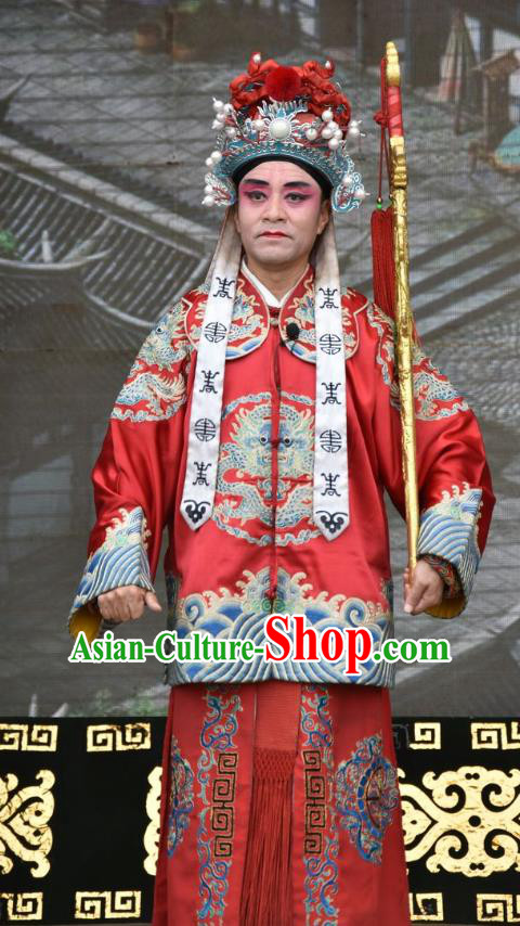 Tu Fu Zhuang Yuan Chinese Shanxi Opera Soldier Apparels Costumes and Headpieces Traditional Jin Opera Wusheng Garment Imperial Bodyguard Red Clothing