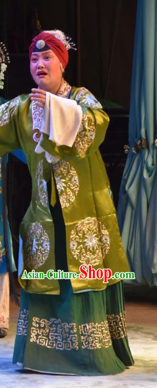 Chinese Jin Opera Pantaloon Garment Costumes and Headdress Han Yang Court Traditional Shanxi Opera Elderly Female Green Dress Noble Dame Apparels