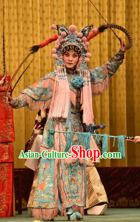 Chinese Jin Opera Female Warrior Blue Garment Costumes and Headdress Jin Sha Tan Traditional Shanxi Opera Wudan Dress Martial Woman Apparels