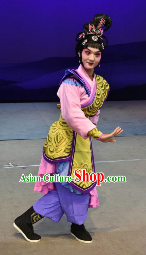 Chinese Jin Opera Female Soldier Garment Costumes and Headdress Xiong Guan Niang Zi Traditional Shanxi Opera Wudan Dress Martial Female Apparels