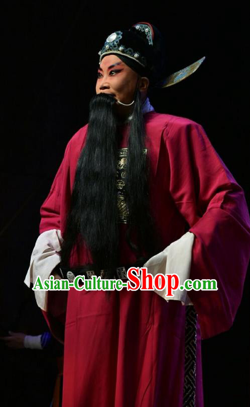 Fifteen Strings of Cash Chinese Shanxi Opera Laosheng Apparels Costumes and Headpieces Traditional Jin Opera Elderly Male Garment Red Official Clothing
