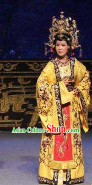 Chinese Jin Opera Queen Garment Costumes and Headdress Wu Zetian and Di Renjie Traditional Shanxi Opera Actress Dress Tang Dynasty Empress Apparels
