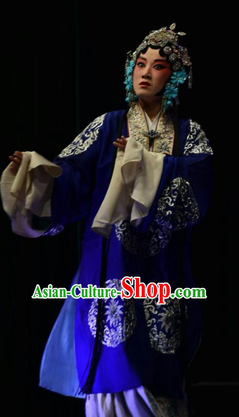 Chinese Jin Opera Rich Concubine Garment Costumes and Headdress Breeze Pavilion Traditional Shanxi Opera Actress Blue Dress Young Female Apparels