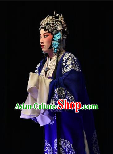 Chinese Jin Opera Rich Concubine Garment Costumes and Headdress Breeze Pavilion Traditional Shanxi Opera Actress Blue Dress Young Female Apparels