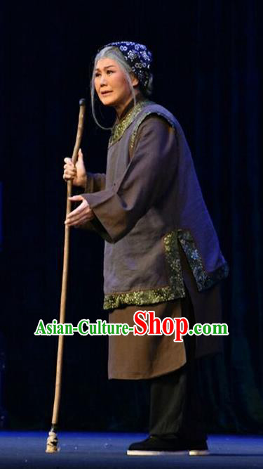 Chinese Jin Opera Country Woman Garment Costumes and Headdress Da Qing Yu Shi Traditional Shanxi Opera Laodan Dress Elderly Dame Apparels